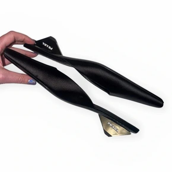 PRADA Satin Triangle Heel Mules Black Square Toe Kitten Heel IT 40 US 10 Slides - Picture 8 of 13